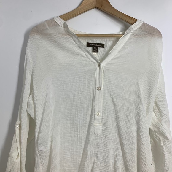 Tommy Bahama White Linen Blend Gauze Roll Tab Sleeve V Neck Tunic Top S - Picture 3 of 12